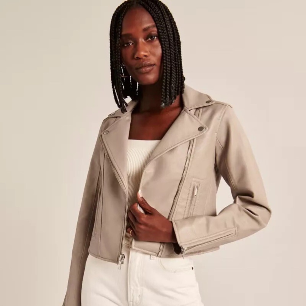 Abercrombie & Fitch Faux Leather Cream Moto Jacket Size XS